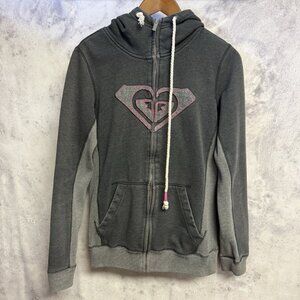 Vintage Roxy Hoodie Sweatshirt Womens Medium Gray Zip Surf Skate Quiksilver Y2K